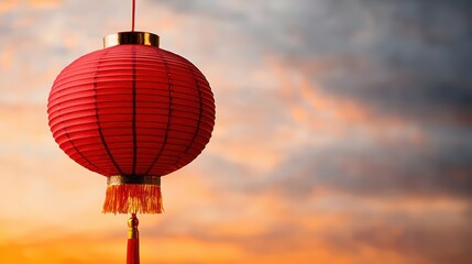 Wall Mural - Vibrant Red Lantern Hanging Against a Colorful Sunset Sky