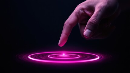 Poster - Hand Touching Glowing Circular Light on Dark Background