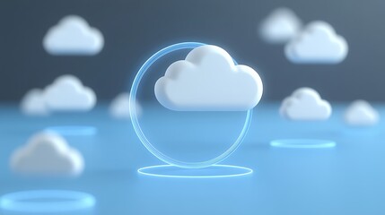 Poster - Modern 3D Illustration of Floating Clouds with Glowing Circles on Soft Blue Background for Creative Projects