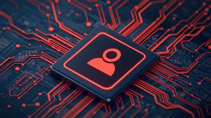 Poster - Red Circuit Board with User Icon on Black Background