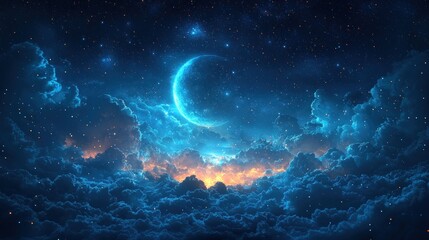 Poster - Crescent moon above clouds at night.