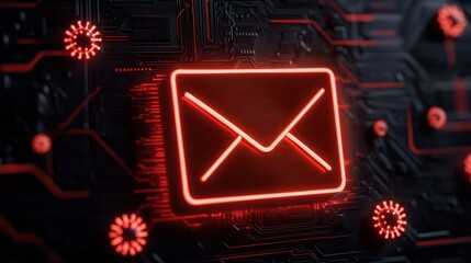 Poster - Glowing Mail Icon on Circuit Board Background in Red Neon Light