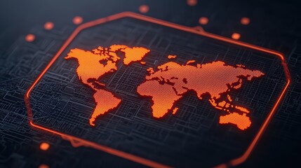 Poster - Abstract Digital World Map with Red Glow and Circuit Background