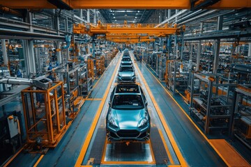 Poster - Car manufacturing plant operating with ongoing production line of new vehicles