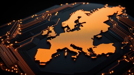 Poster - Europe Map with Circuit Board Design and Orange Glow Effect