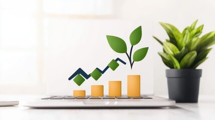 Poster - Growth Chart with Plant Icons and Laptop in Bright Workspace