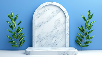 Poster - Elegant Marble Display Platform with Green Plants and Blue Background