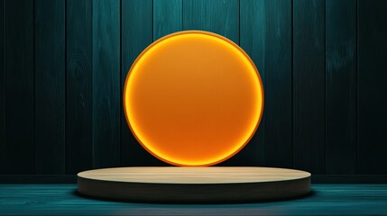 Poster - Vibrant Orange Circle on Wooden Pedestal with Dark Background