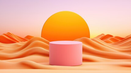 Poster - Abstract Landscape with Pink Cylinder and Yellow Sun at Sunset