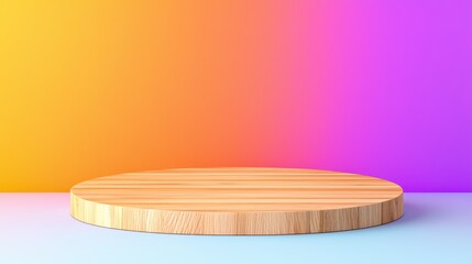 Poster - Round wooden pedestal against vibrant colorful gradient background