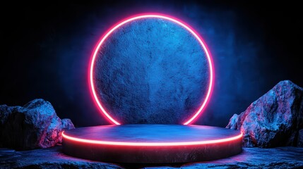 Poster - Neon Circular Stage with Rocks and Blue Lighting Effects