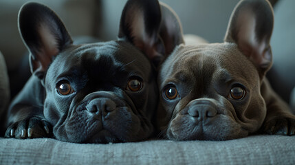 pareja de bulldog francés acostados en un sofá relajados