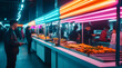 © Metanee - A vibrant food market scene with neon lights, bustling with people enjoying a variety of dishes at a buffet-style setting.