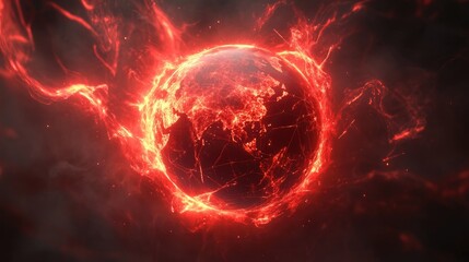 Poster - An abstract illustration of a glowing red globe, showcasing global digital connections with dynamic light effects.