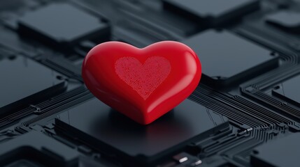 Poster - Red Heart Symbol on Technology Background with Circuit Pattern