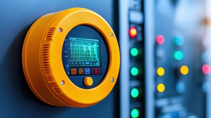 Poster - Bright Yellow Control Panel Indicator with Display in Industrial Setting