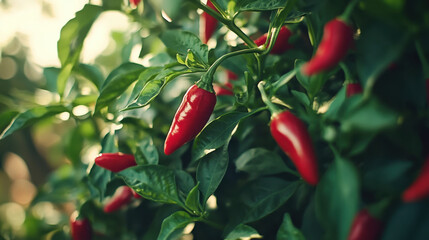 Wall Mural - Close up of red chili pepper plant with vibrant green leaves, showcasing rich colors and textures of peppers. This captures essence of fresh produce and gardening