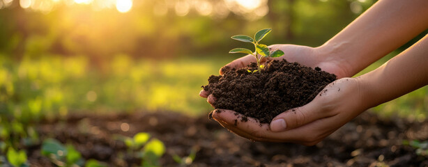 Wall Mural - Close up of hands holding soil with young plant, symbolizing growth and nurturing in nature. warm sunlight enhances feeling of hope and renewal