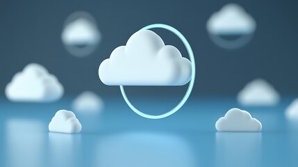 Poster - Soft and Fluffy Cloud with Ring on Blue Background, Digital Illustration of Cloud Technology Concept
