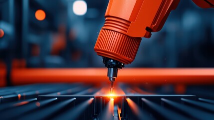 Poster - Robotic Arm Performing Precision Cutting on Metal Sheet in Factory
