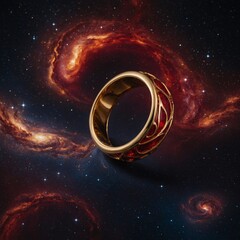 a gold ring with an abstract red swirl design, framed by a galaxy background.