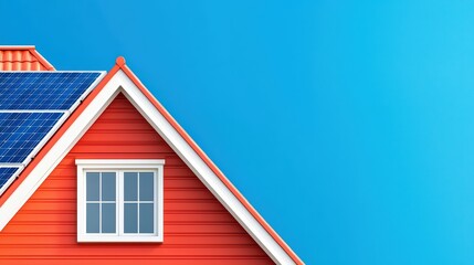 Poster - Vibrant Red House with Solar Panels Under Blue Sky