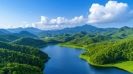 Poster - Lush Green Mountains Surrounded by Sparkling Blue Lake and Sky