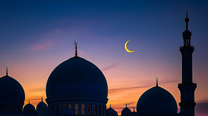 Wall Mural - mosques dome on dark blue twilight sky and crescent moon on background, symbol islamic religion and 