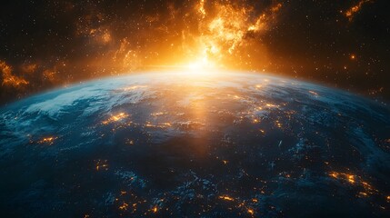 Poster - Glowing Planet Earth Surrounded by Golden Halo in Cosmic Backdrop