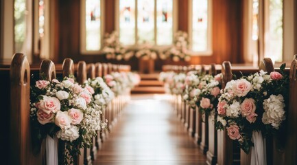 A vintage church decorated with white and pink flowers for an old-money wedding ceremony decor.