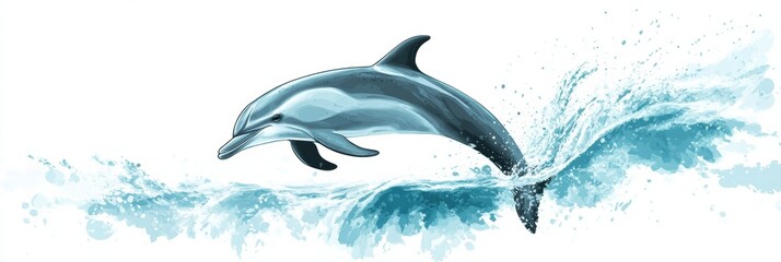 Poster - Dolphin gracefully leaping over ocean waves in a vibrant underwater illustration showcasing marine life dynamics. Generative AI