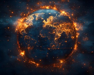 Poster - Glowing Planetary Map of the Earth with Cosmic Constellations in Dramatic Night Sky