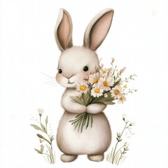 Aufkleber - Cute bunny holding a bouquet of flowers in a whimsical garden setting during springtime. Generative AI