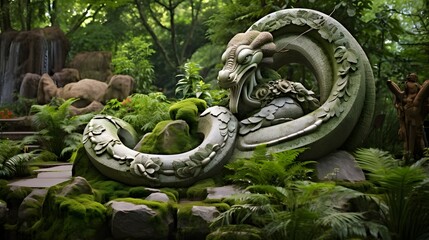 Sticker - Serene and tranquil garden setting featuring a beautifully crafted snake sculpture symbolizing wisdom growth and the cycle of rebirth in nature