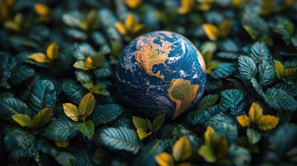 Wall Mural - Earth ball in green leaves.