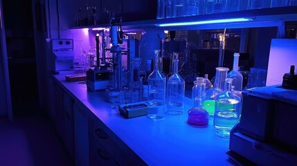 Poster - An innovative biotechnology lab featuring advanced equipment and vibrant glassware under sleek blue lighting.