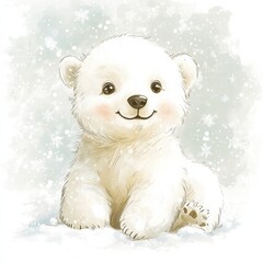 Poster - Cute illustrated polar bear cub playing in a snowy landscape with gentle snowfall in a winter wonderland setting. Generative AI