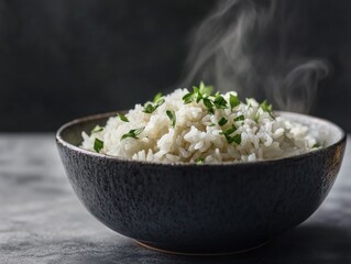 Wall Mural - Close-up of a bowl of rice. Featuring perfectly cooked grains. Showcasing the texture and color of the rice. Ideal for culinary blogs and recipe books.