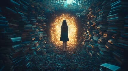 Poster - Woman Emerging from Cave into Field of Glowing Opportunities