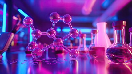 Poster - Molecular structures in vibrant colors overlaying chemical equations, with lab equipment silhouettes in the background. Perfect for scientific presentations.