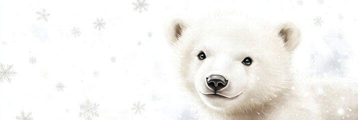 Aufkleber - Cute illustrated polar bear cub in a snowy landscape with falling snowflakes during winter season. Generative AI