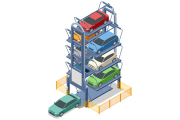 Rotary parking. Isometric vector illustration of a rotary car parking system. Multiple cars are stacked vertically on a rotating platform to optimize space in urban areas