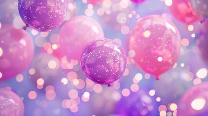 Wall Mural - Soft lighting highlights an array of pink and purple balloons, creating a cheerful and celebratory ambiance beneath decorative drapery