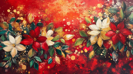 Poster - Colorful floral artwork with vibrant red background featuring white, yellow, and red flowers and abstract golden accents