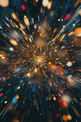 Poster - Creative abstract starburst design with metallic gold and silver accents surrounded by vibrant colorful particles on a dark background