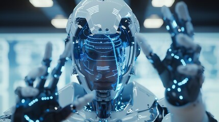 Poster - A close up of a futuristic robot with glowing blue lights.