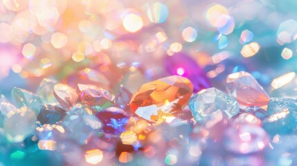 Poster - A collection of colorful crystal gems sparkle under soft, diffused light, blending with a dreamy bokeh backdrop at dusk