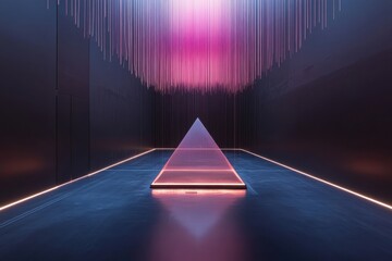 Poster - Futuristic installation with illuminated glass pyramid and neon lighting effects