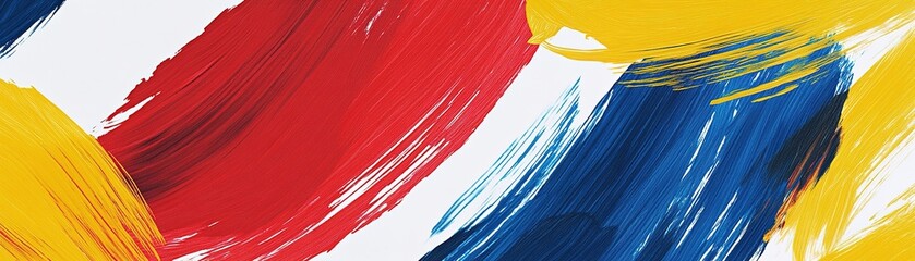 Poster - Bold abstract brush strokes in red, blue, and yellow on a minimalist white background create a modern artistic backdrop with ample space for text