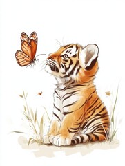 Poster - Adorable tiger cub gazes at a delicate butterfly among soft grass and flowers in a serene setting. Generative AI